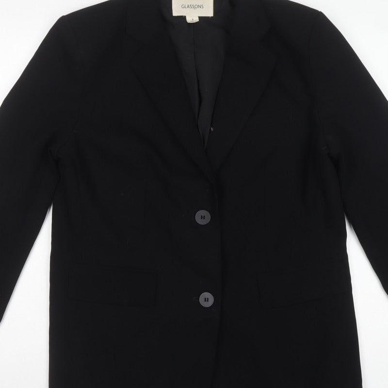 Glassons Women Black UK 8 Long 2 Button Notch Lapel Blazer Jacket
