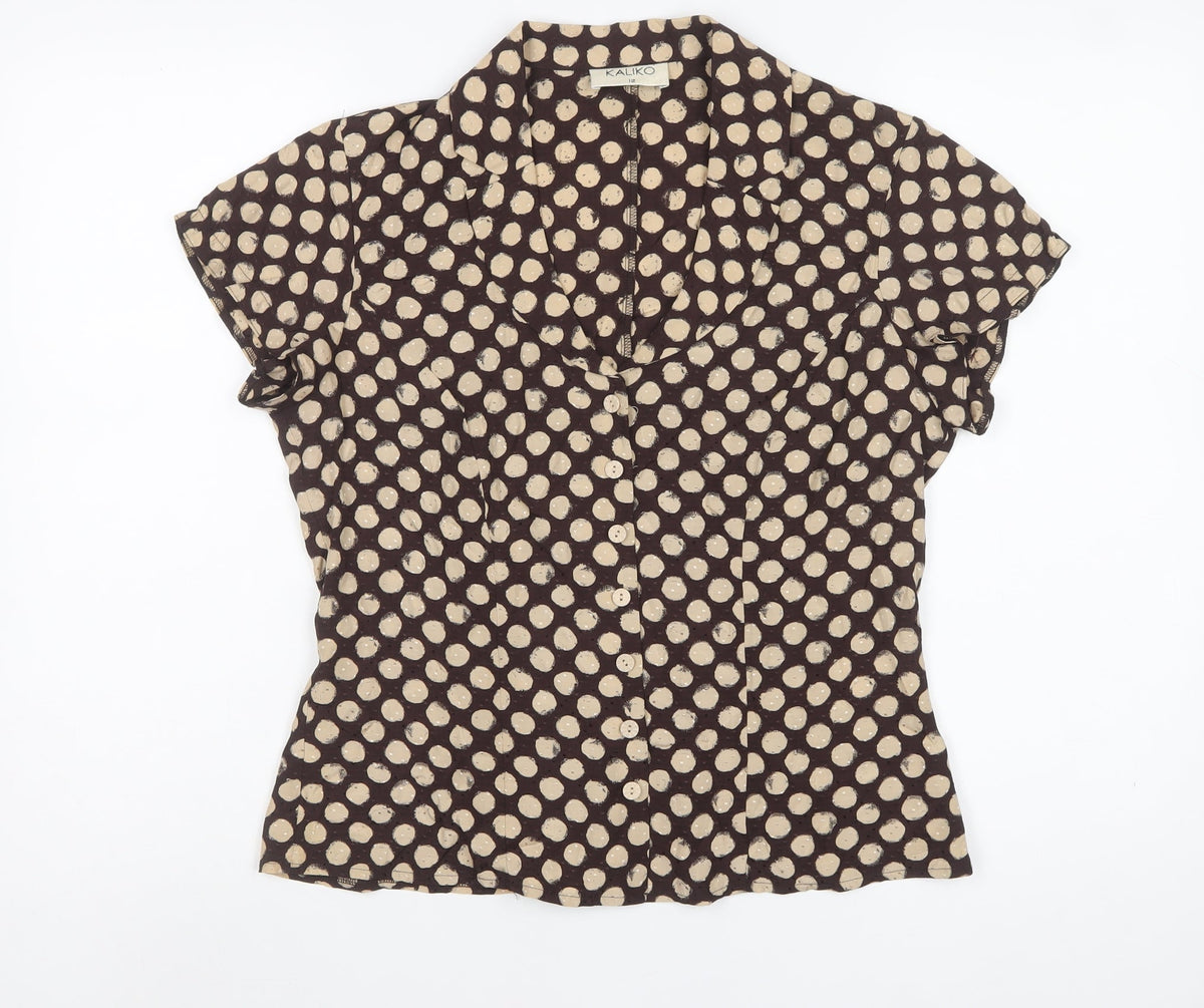 Kaliko Women’s Brown Polka Dot Wrap Button Blouse UK 12