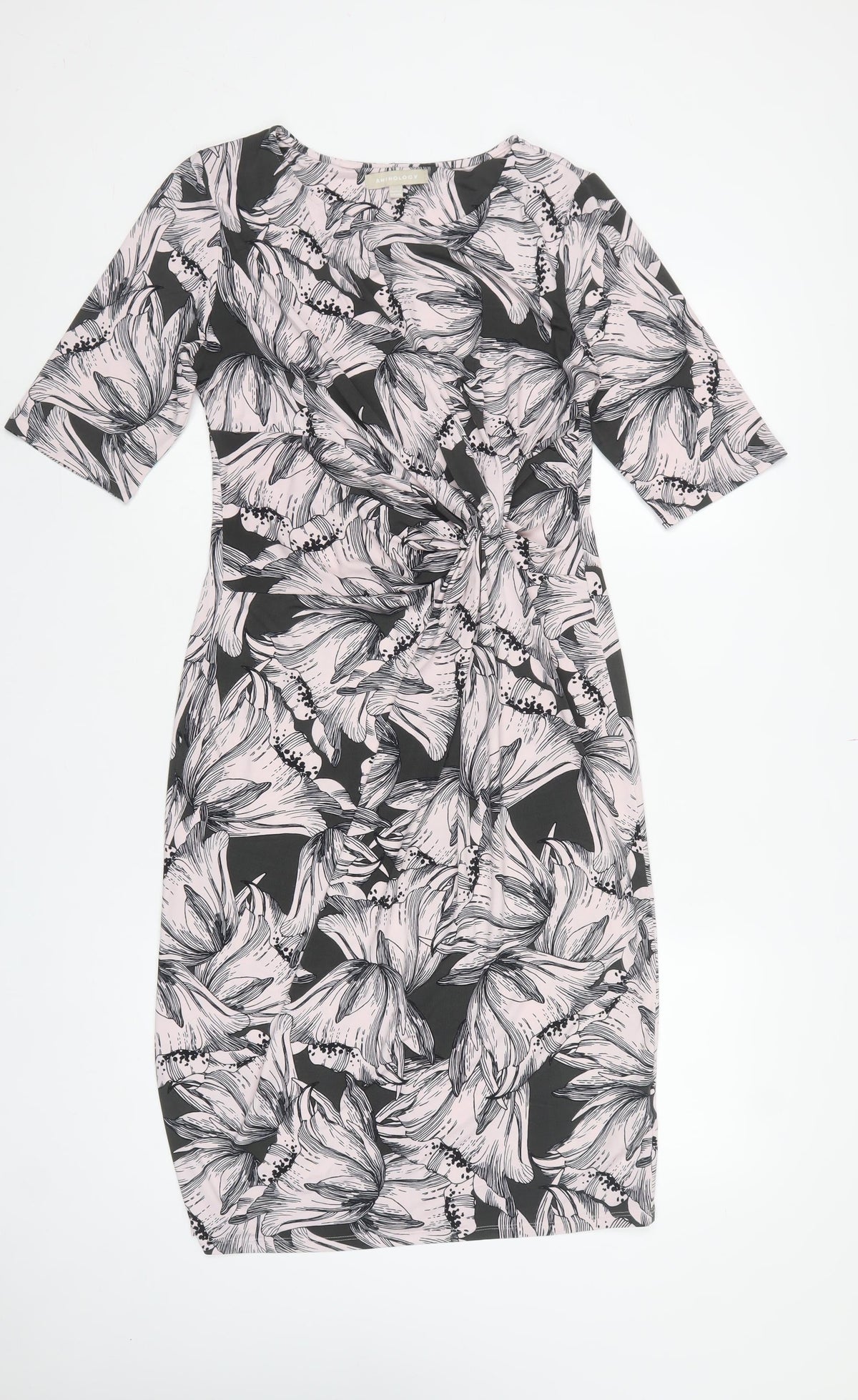 Anthology Women Pink Floral Midi Pencil Dress UK 12 Ruched Stretch