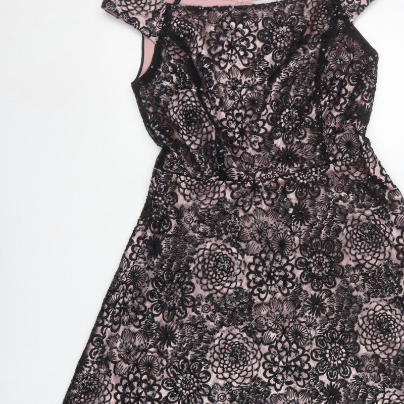 Tahari Women Pink Black UK 6 A-Line Floral Sequin Off Shoulder Dress