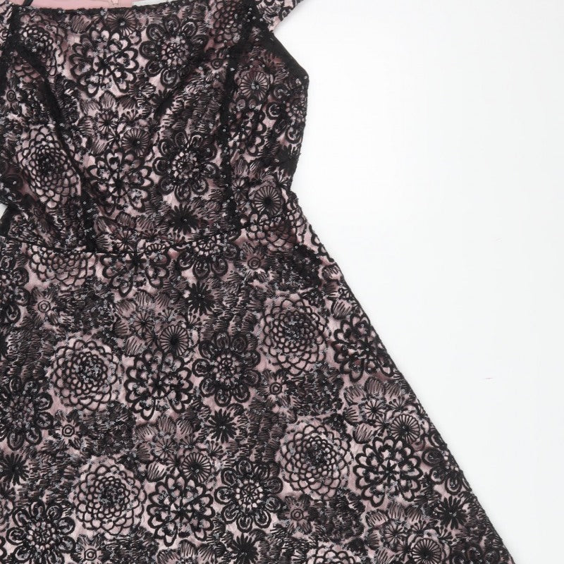 Tahari Women Pink Black UK 6 A-Line Floral Sequin Off Shoulder Dress