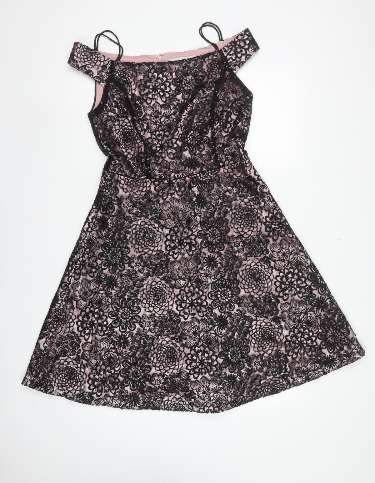 Tahari Women Pink Black UK 6 A-Line Floral Sequin Off Shoulder Dress