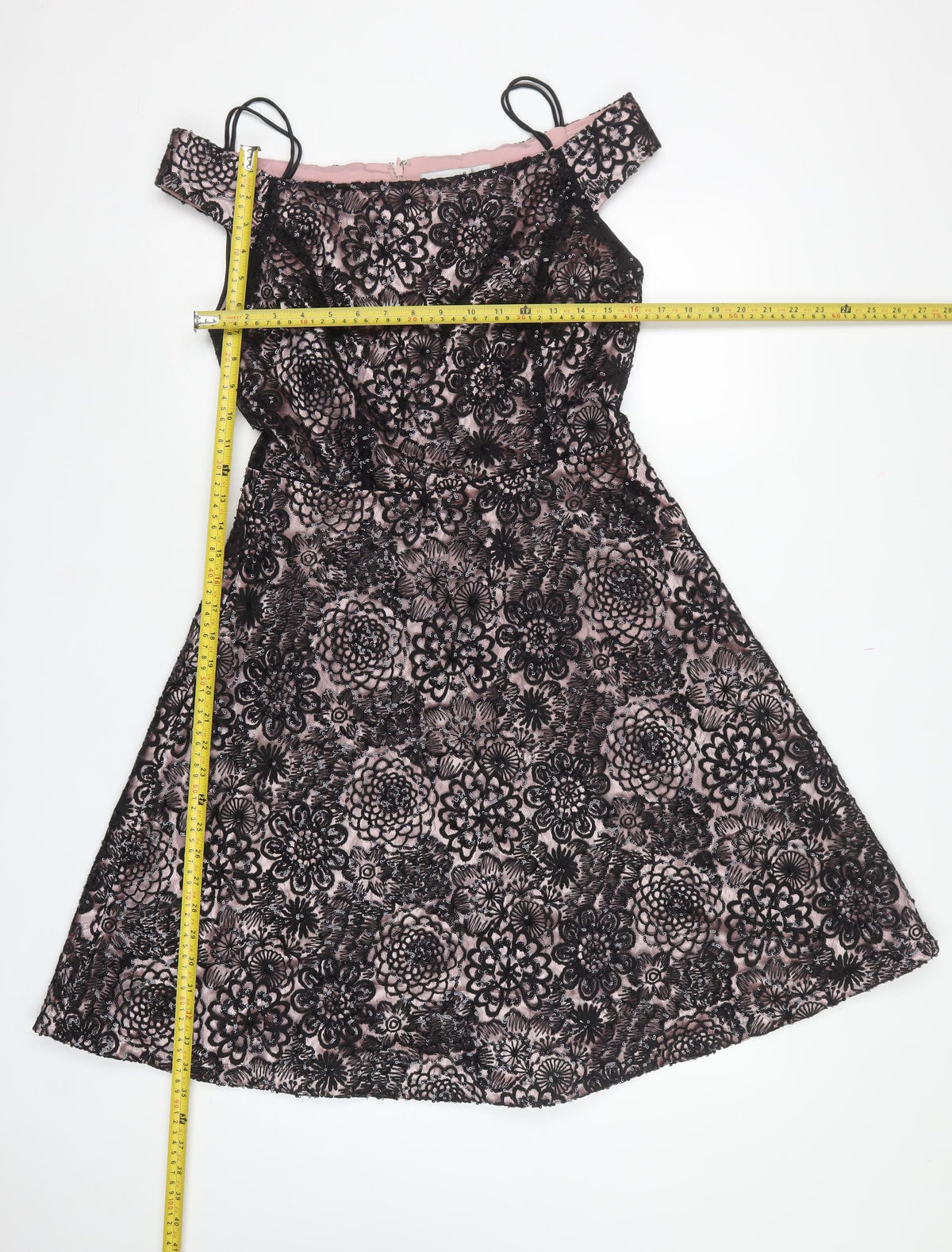 Tahari Women Pink Black UK 6 A-Line Floral Sequin Off Shoulder Dress