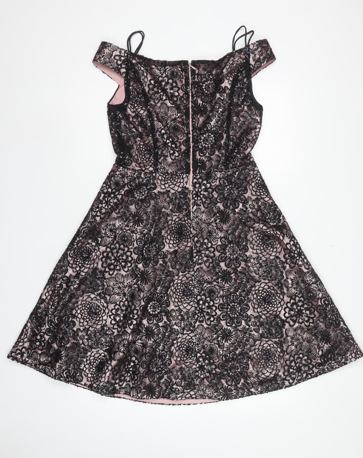 Tahari Women Pink Black UK 6 A-Line Floral Sequin Off Shoulder Dress