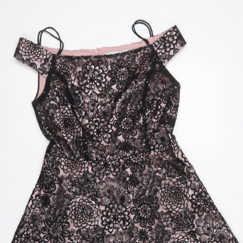 Tahari Women Pink Black UK 6 A-Line Floral Sequin Off Shoulder Dress