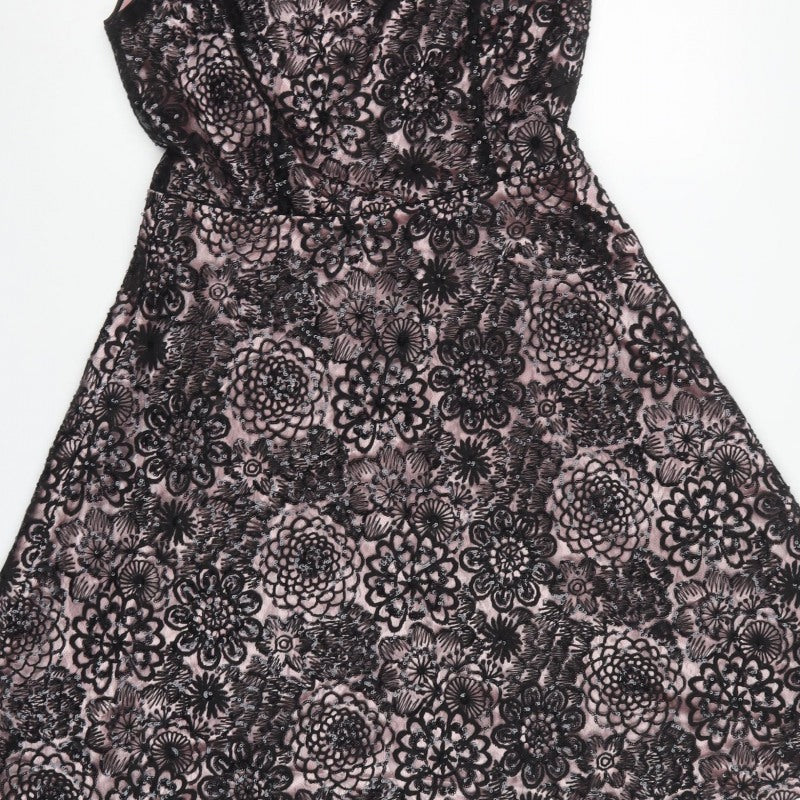 Tahari Women Pink Black UK 6 A-Line Floral Sequin Off Shoulder Dress