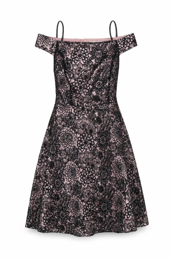 Tahari Women Pink Black UK 6 A-Line Floral Sequin Off Shoulder Dress