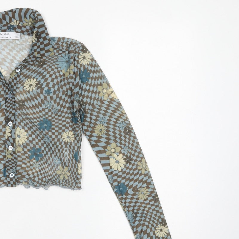 Bershka Women’s Multicoloured M Cropped Floral Check Mesh Button-Up Shirt
