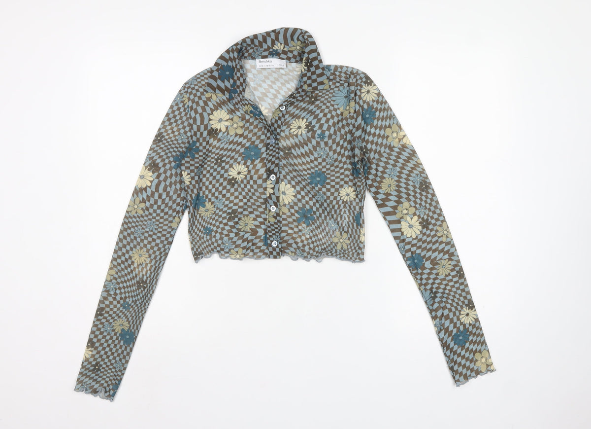 Bershka Women’s Multicoloured M Cropped Floral Check Mesh Button-Up Shirt