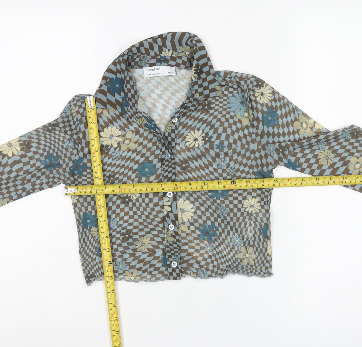 Bershka Women’s Multicoloured M Cropped Floral Check Mesh Button-Up Shirt