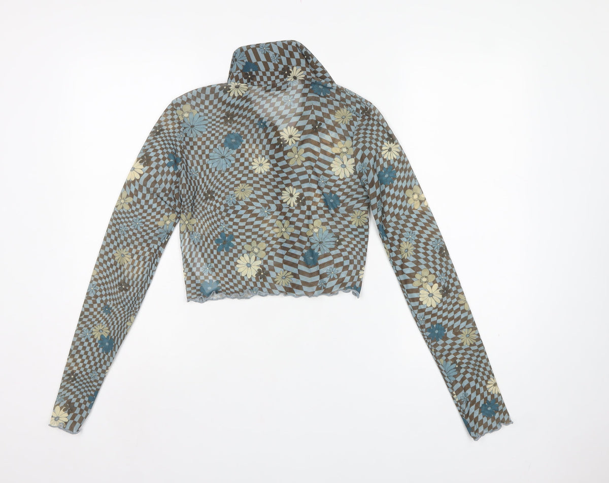 Bershka Women’s Multicoloured M Cropped Floral Check Mesh Button-Up Shirt