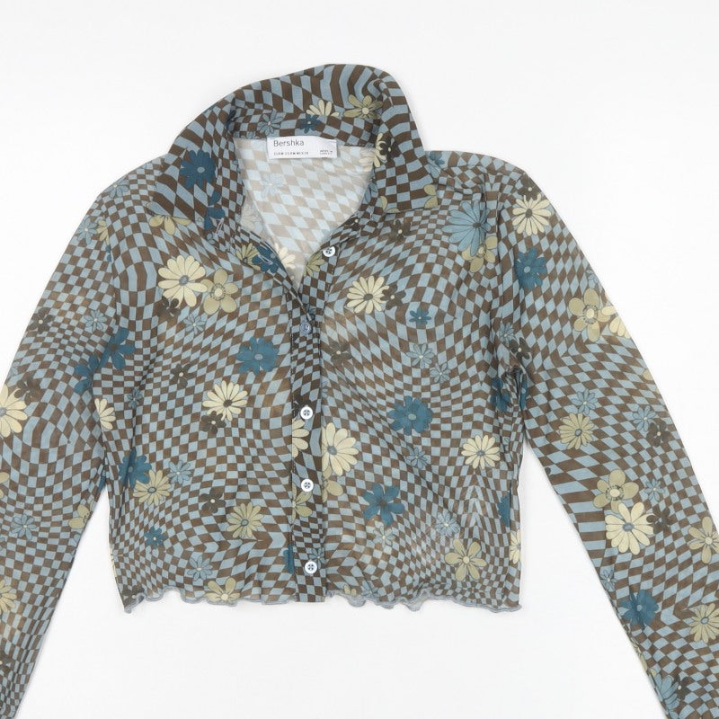 Bershka Women’s Multicoloured M Cropped Floral Check Mesh Button-Up Shirt