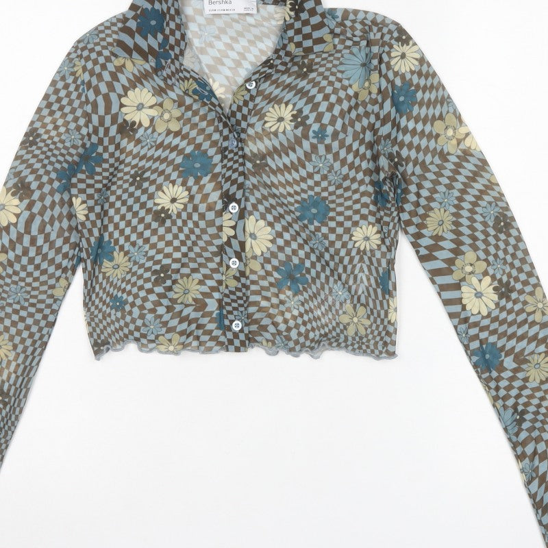 Bershka Women’s Multicoloured M Cropped Floral Check Mesh Button-Up Shirt