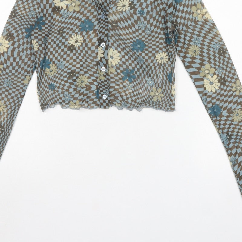 Bershka Women’s Multicoloured M Cropped Floral Check Mesh Button-Up Shirt