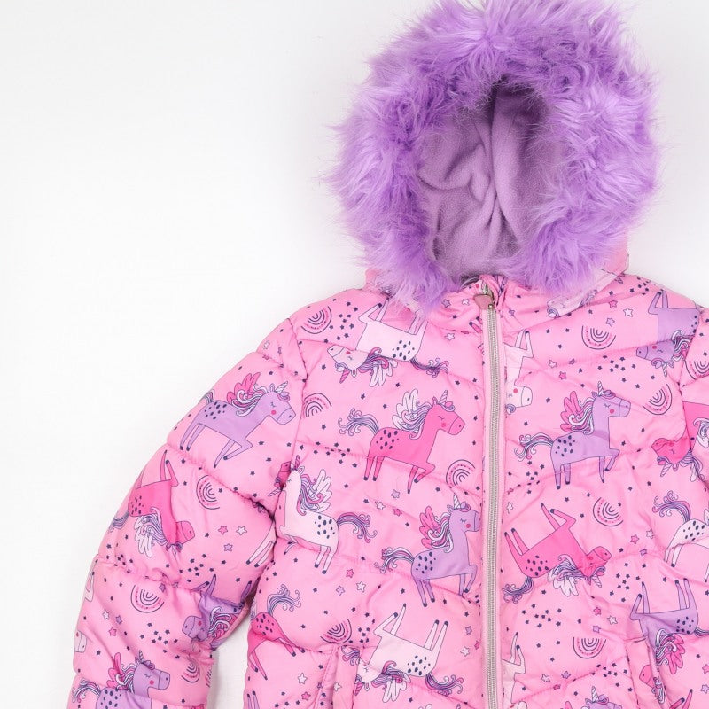 Studio Girls Pink 7-8 Years Unicorn Puffer Jacket Faux Fur Hood