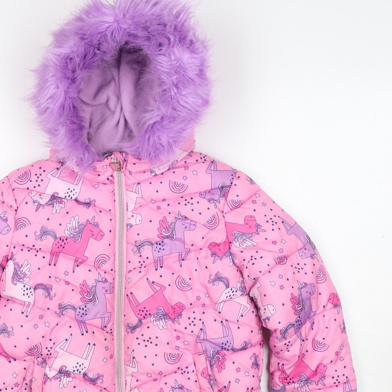 Studio Girls Pink 7-8 Years Unicorn Puffer Jacket Faux Fur Hood
