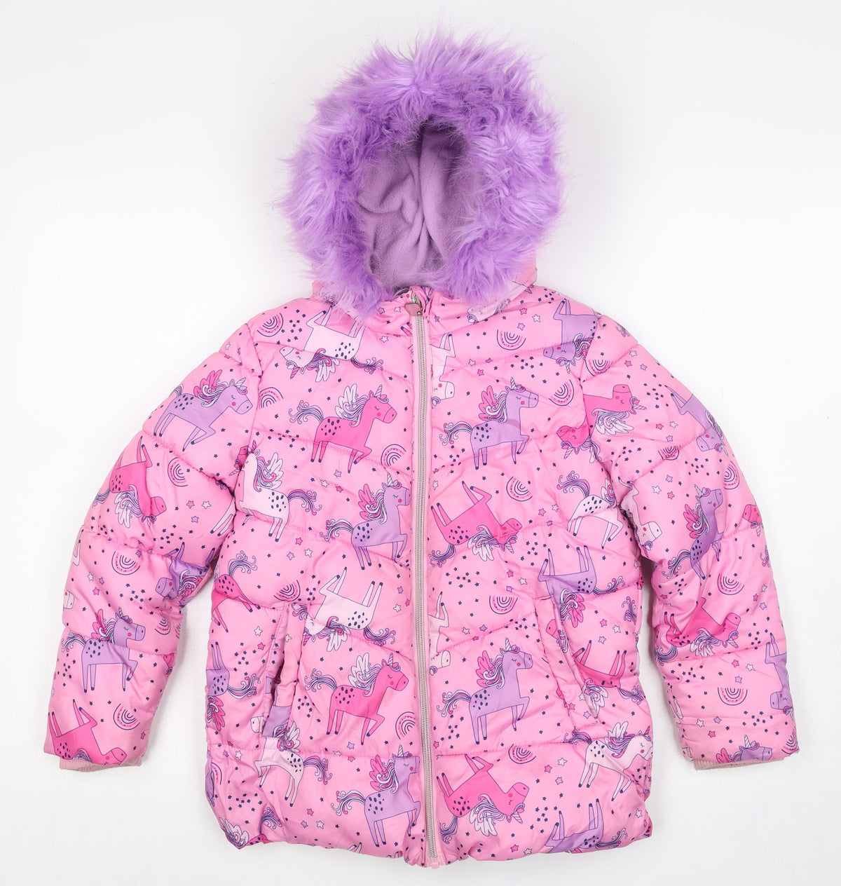 Studio Girls Pink 7-8 Years Unicorn Puffer Jacket Faux Fur Hood