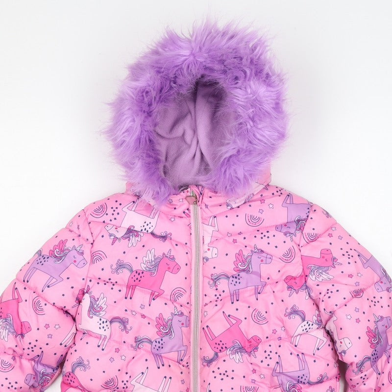 Studio Girls Pink 7-8 Years Unicorn Puffer Jacket Faux Fur Hood