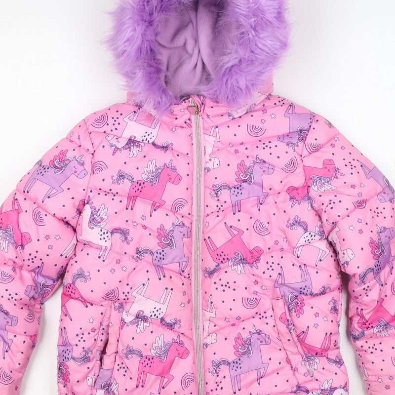 Studio Girls Pink 7-8 Years Unicorn Puffer Jacket Faux Fur Hood
