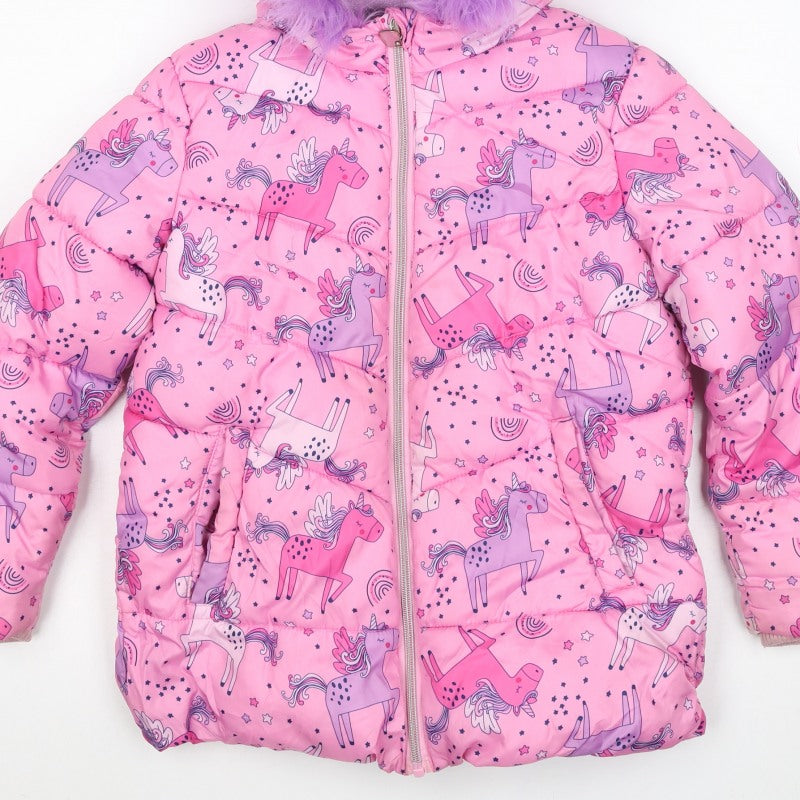 Studio Girls Pink 7-8 Years Unicorn Puffer Jacket Faux Fur Hood
