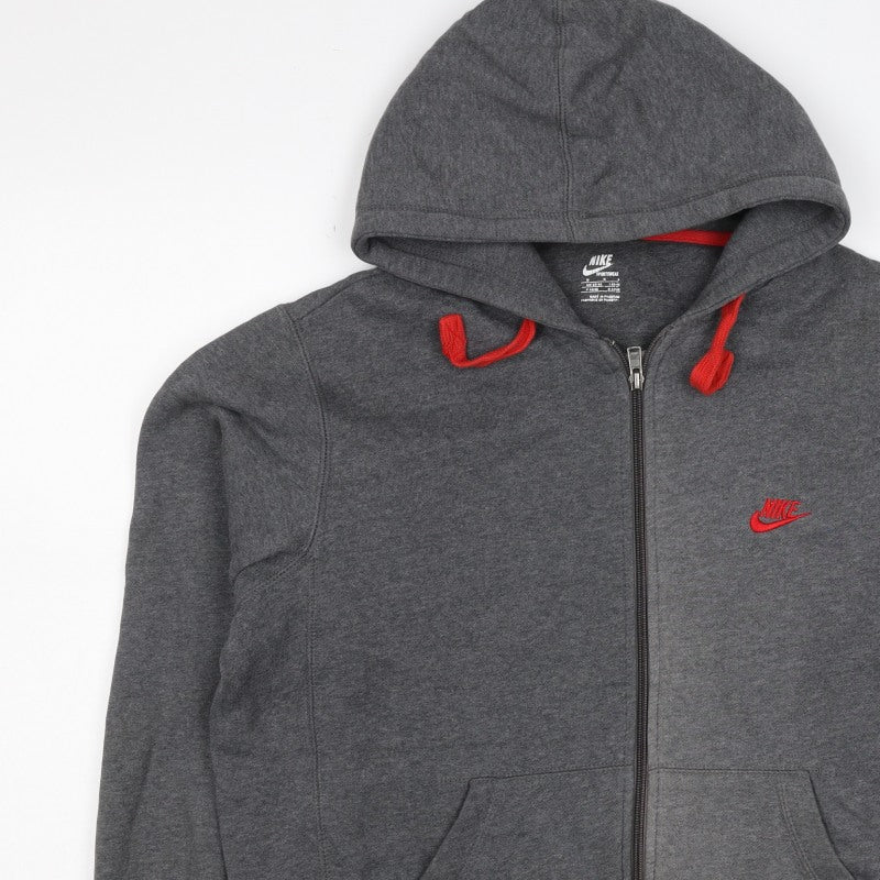 Nike Men’s Grey M Full Zip Hoodie Red Logo Cotton Blend