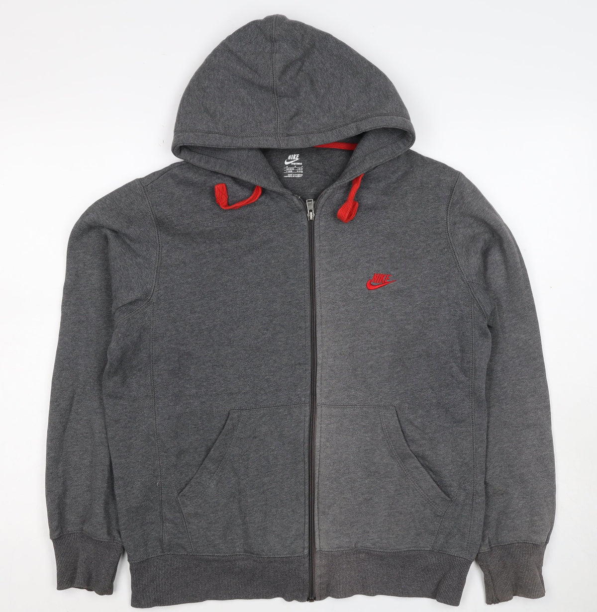Nike Men’s Grey M Full Zip Hoodie Red Logo Cotton Blend