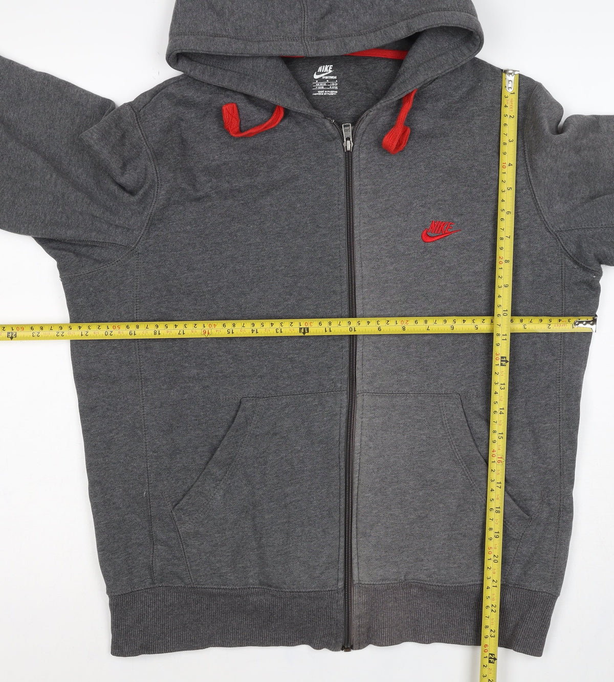 Nike Men’s Grey M Full Zip Hoodie Red Logo Cotton Blend
