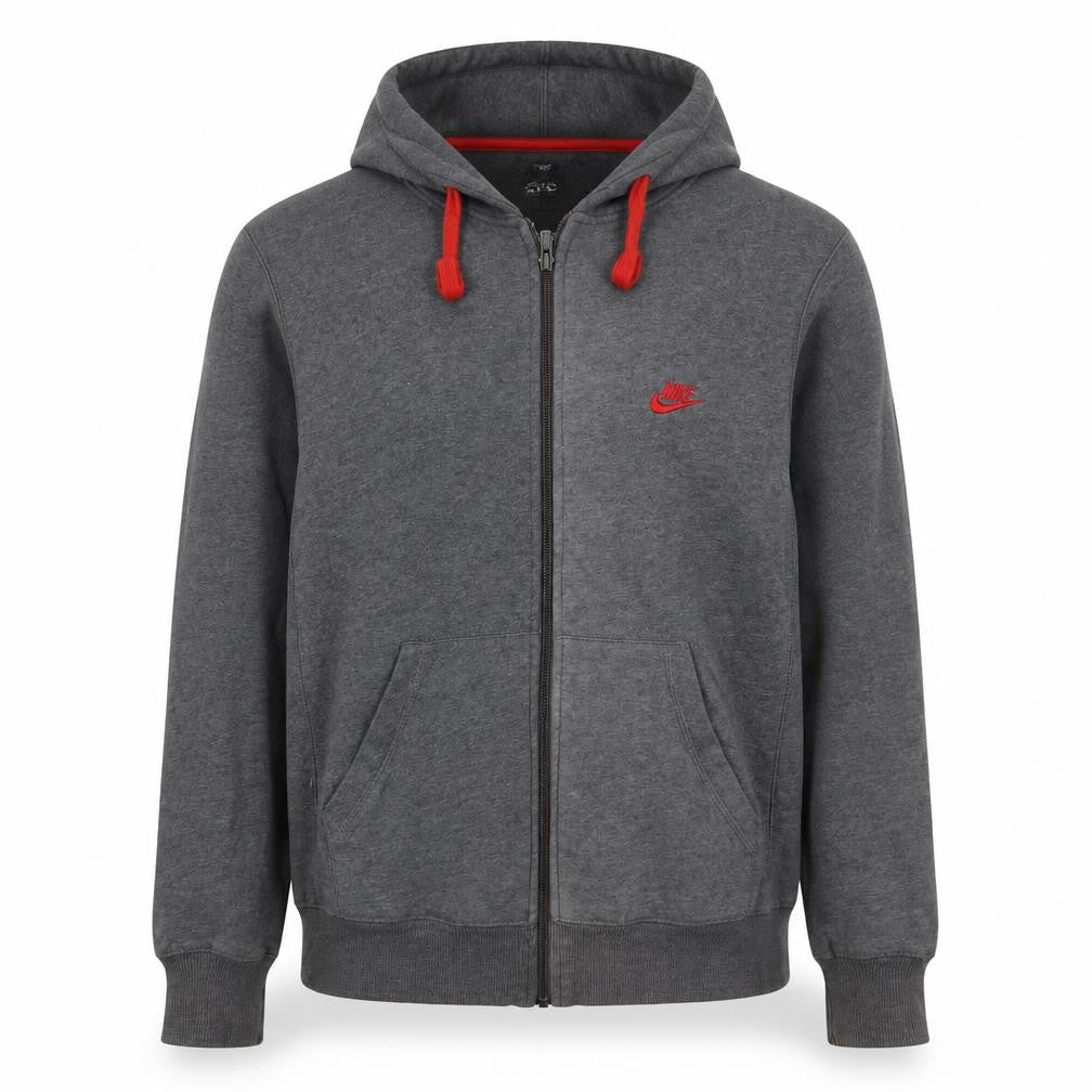 Nike Men’s Grey M Full Zip Hoodie Red Logo Cotton Blend