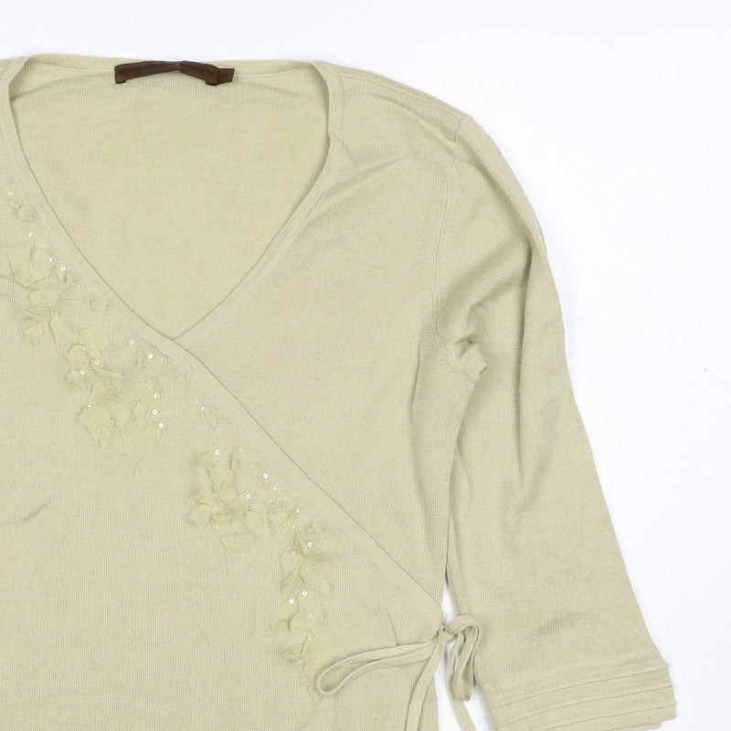 Penn Wright Manson Women Beige S Merino Silk Wrap Embroidered Sequin Top