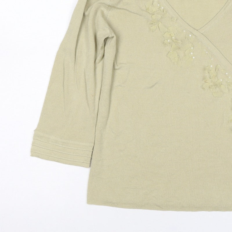 Penn Wright Manson Women Beige S Merino Silk Wrap Embroidered Sequin Top