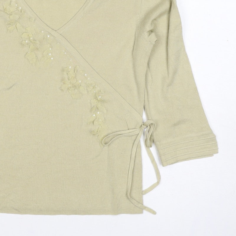 Penn Wright Manson Women Beige S Merino Silk Wrap Embroidered Sequin Top