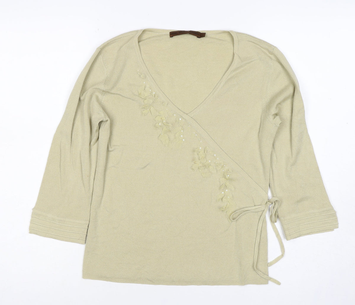 Penn Wright Manson Women Beige S Merino Silk Wrap Embroidered Sequin Top