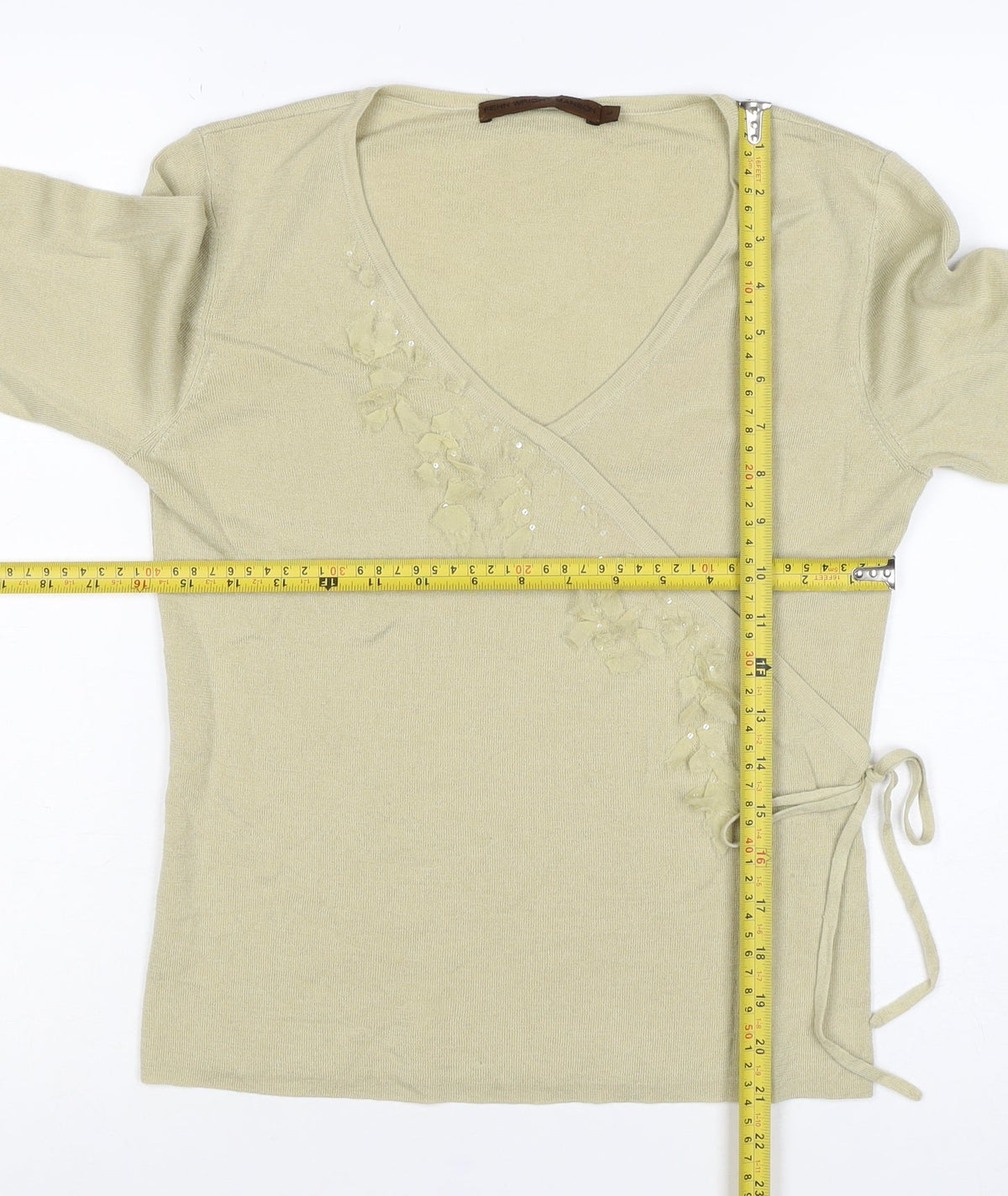 Penn Wright Manson Women Beige S Merino Silk Wrap Embroidered Sequin Top