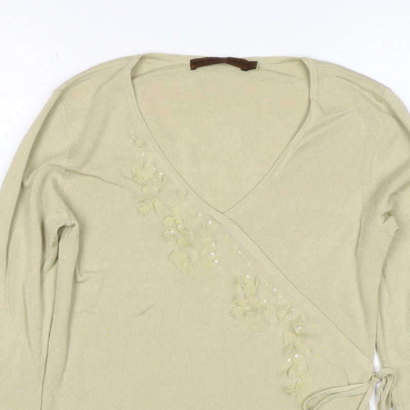 Penn Wright Manson Women Beige S Merino Silk Wrap Embroidered Sequin Top