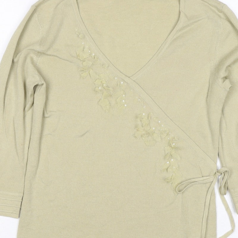 Penn Wright Manson Women Beige S Merino Silk Wrap Embroidered Sequin Top