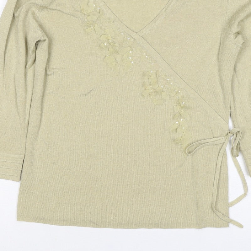 Penn Wright Manson Women Beige S Merino Silk Wrap Embroidered Sequin Top