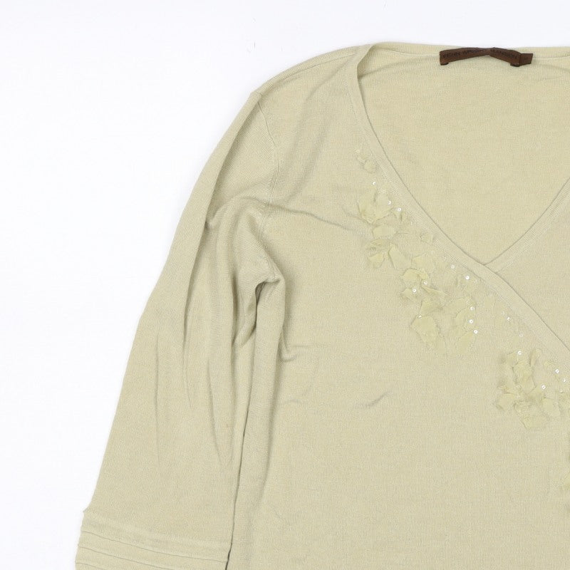 Penn Wright Manson Women Beige S Merino Silk Wrap Embroidered Sequin Top