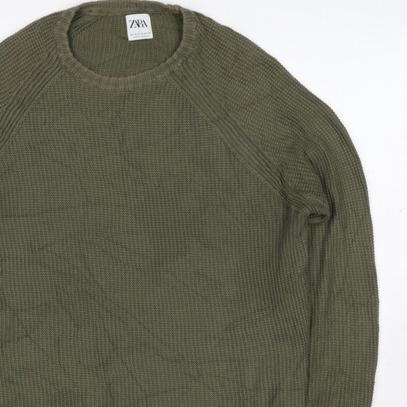 Zara Men Green M Pullover Crew Neck Tight Knit Jumper