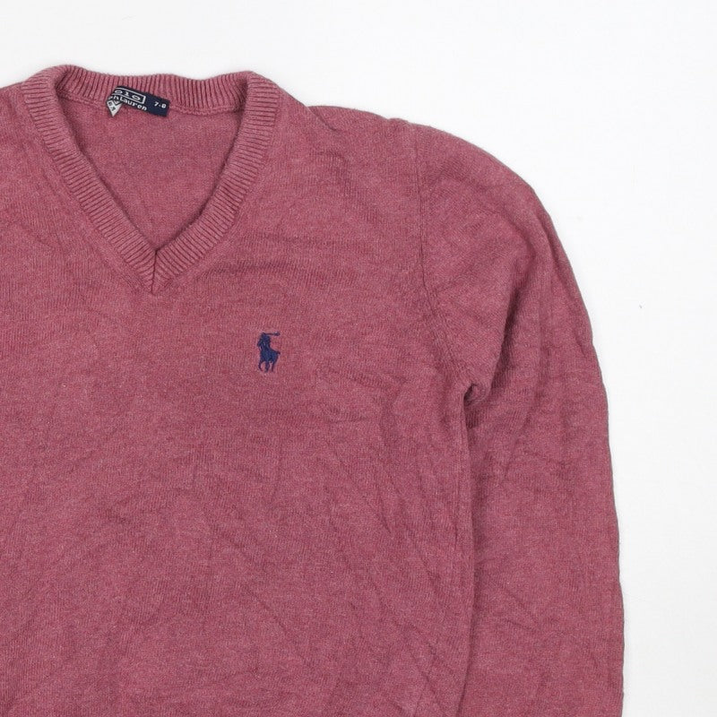 Ralph Lauren Girls Pink 7-8 Years V-Neck Cotton Logo Jumper
