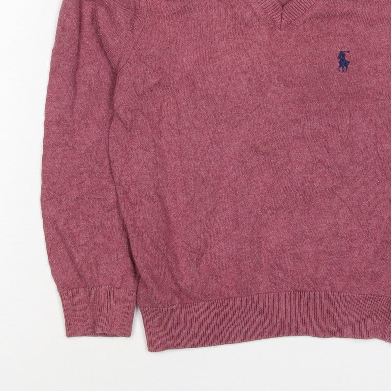 Ralph Lauren Girls Pink 7-8 Years V-Neck Cotton Logo Jumper