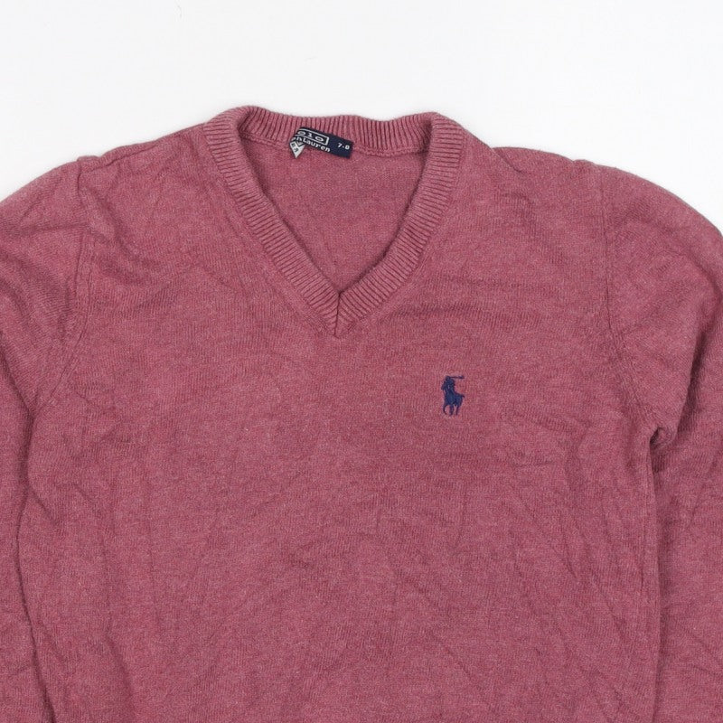 Ralph Lauren Girls Pink 7-8 Years V-Neck Cotton Logo Jumper