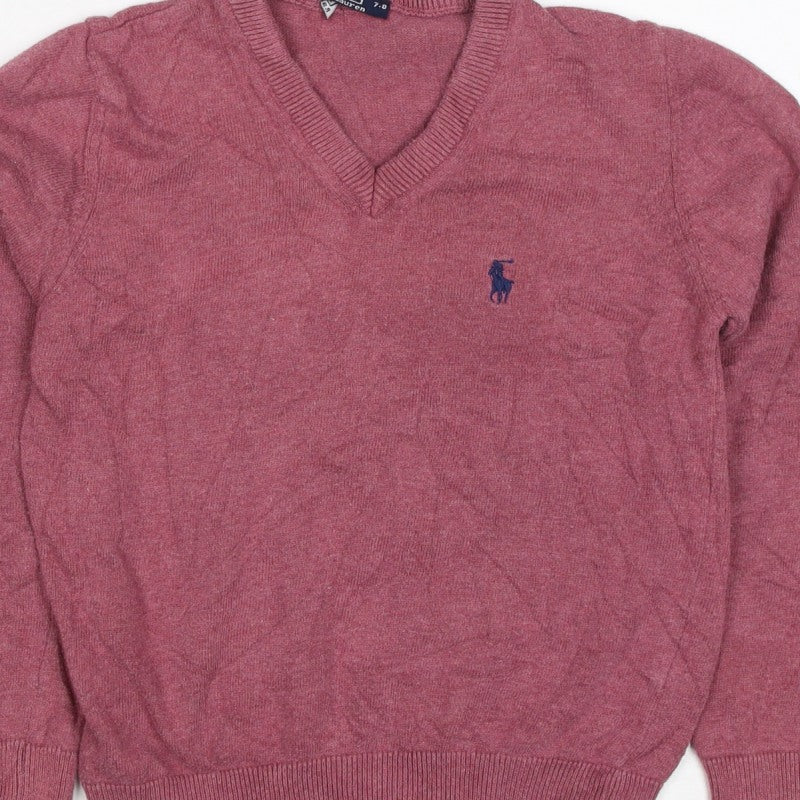 Ralph Lauren Girls Pink 7-8 Years V-Neck Cotton Logo Jumper