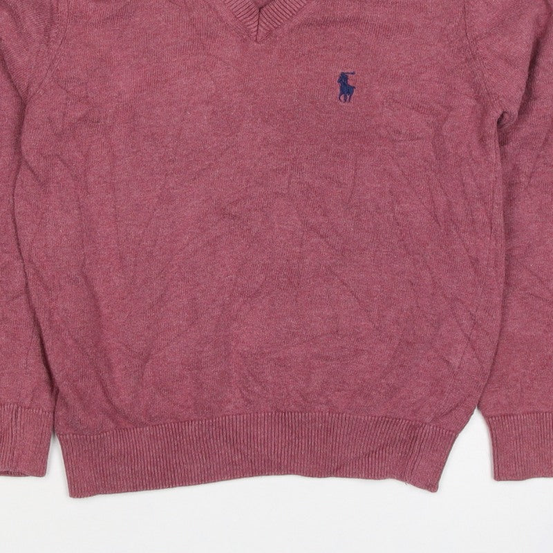 Ralph Lauren Girls Pink 7-8 Years V-Neck Cotton Logo Jumper