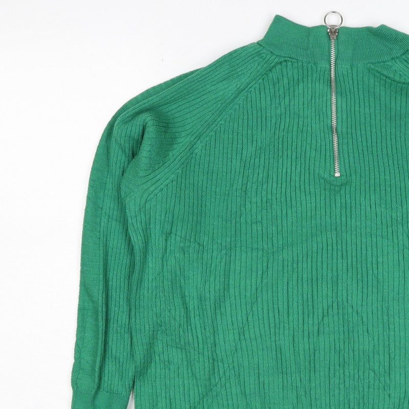 Marks and Spencer Women Green L Ribbed Half Zip High Neck Jumper