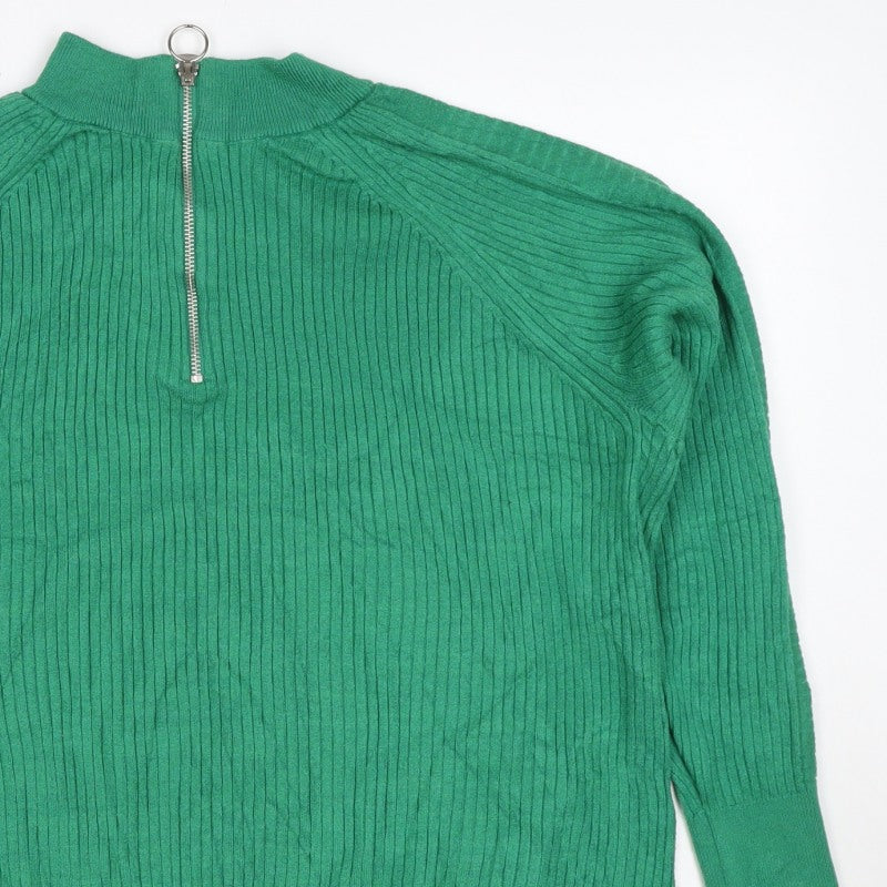 Marks and Spencer Women Green L Ribbed Half Zip High Neck Jumper