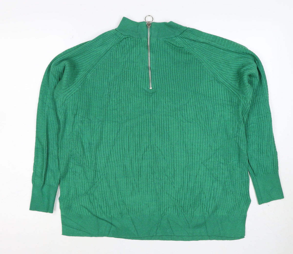 Marks and Spencer Women Green L Ribbed Half Zip High Neck Jumper