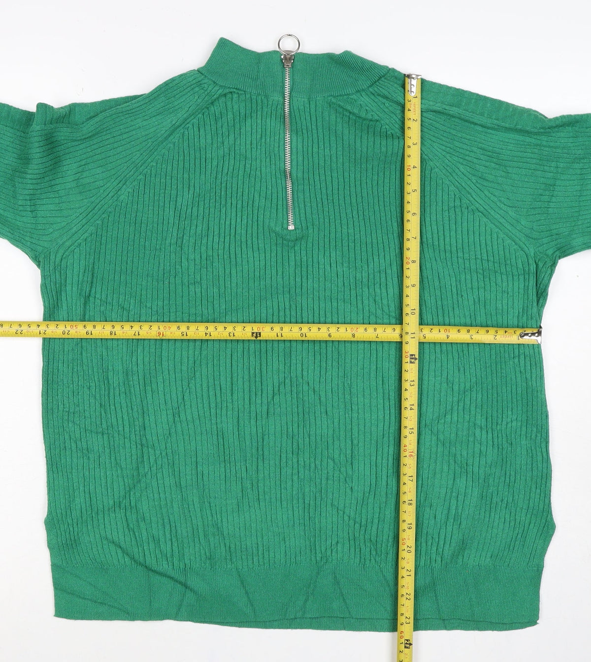 Marks and Spencer Women Green L Ribbed Half Zip High Neck Jumper