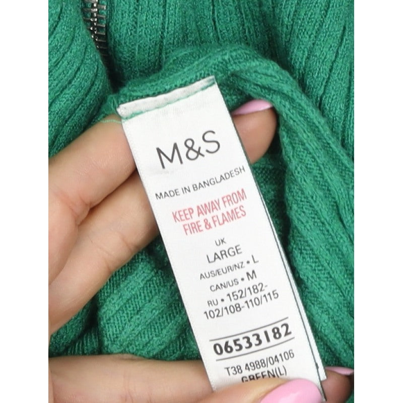 Marks and Spencer Women Green L Ribbed Half Zip High Neck Jumper
