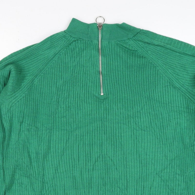 Marks and Spencer Women Green L Ribbed Half Zip High Neck Jumper