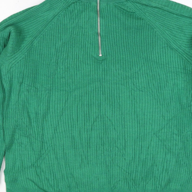 Marks and Spencer Women Green L Ribbed Half Zip High Neck Jumper